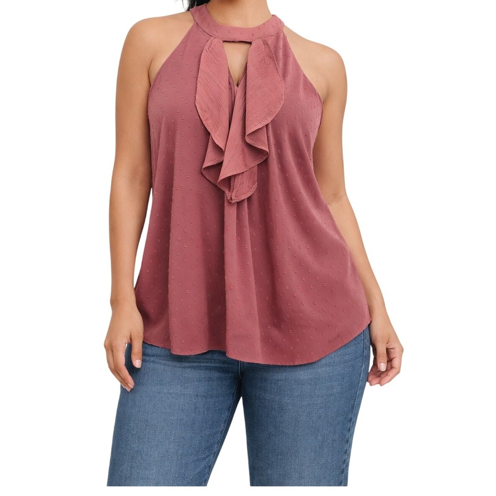 BCX Womens Swiss Dot Ruffle Halter Top Mauve Pink Keyhole Blouse XL